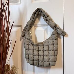 Women's Quilted Medium Knot Nylon Olive Streetwear Square Zipper Shoulder Bag